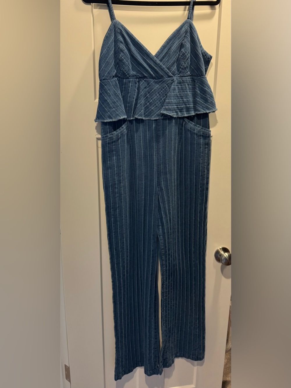 Anthropologie Denim-Textured Blue Stripe Jumpsuit with Peplum Waist